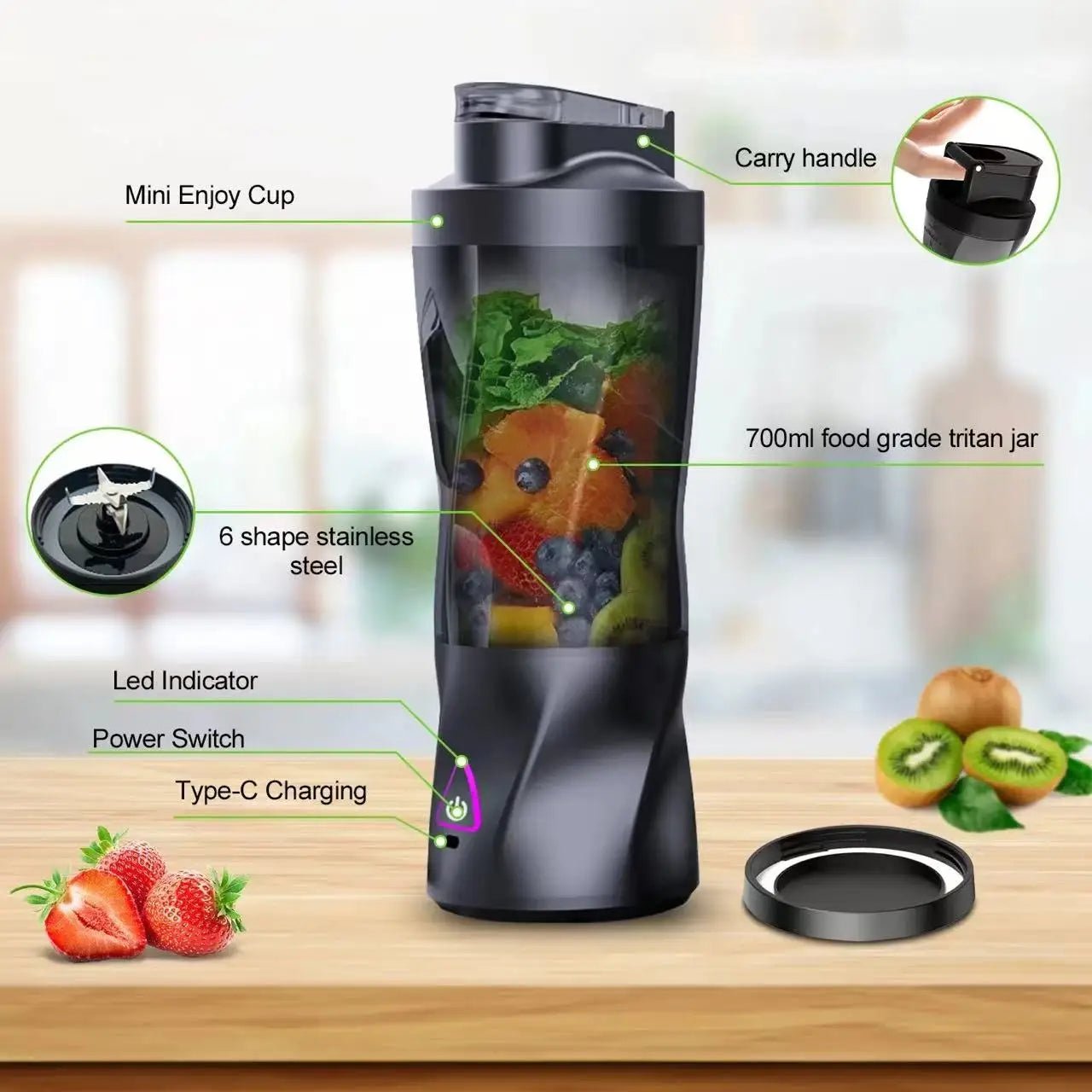 Batidora Portátil Recargable 680ml - Aury SportAury SportNegro2025 New Portable Electric Wireless Juicer USB Charging 700Ml Large - Capacity Large Household Juicer Fruit Sctional 700ML Blender